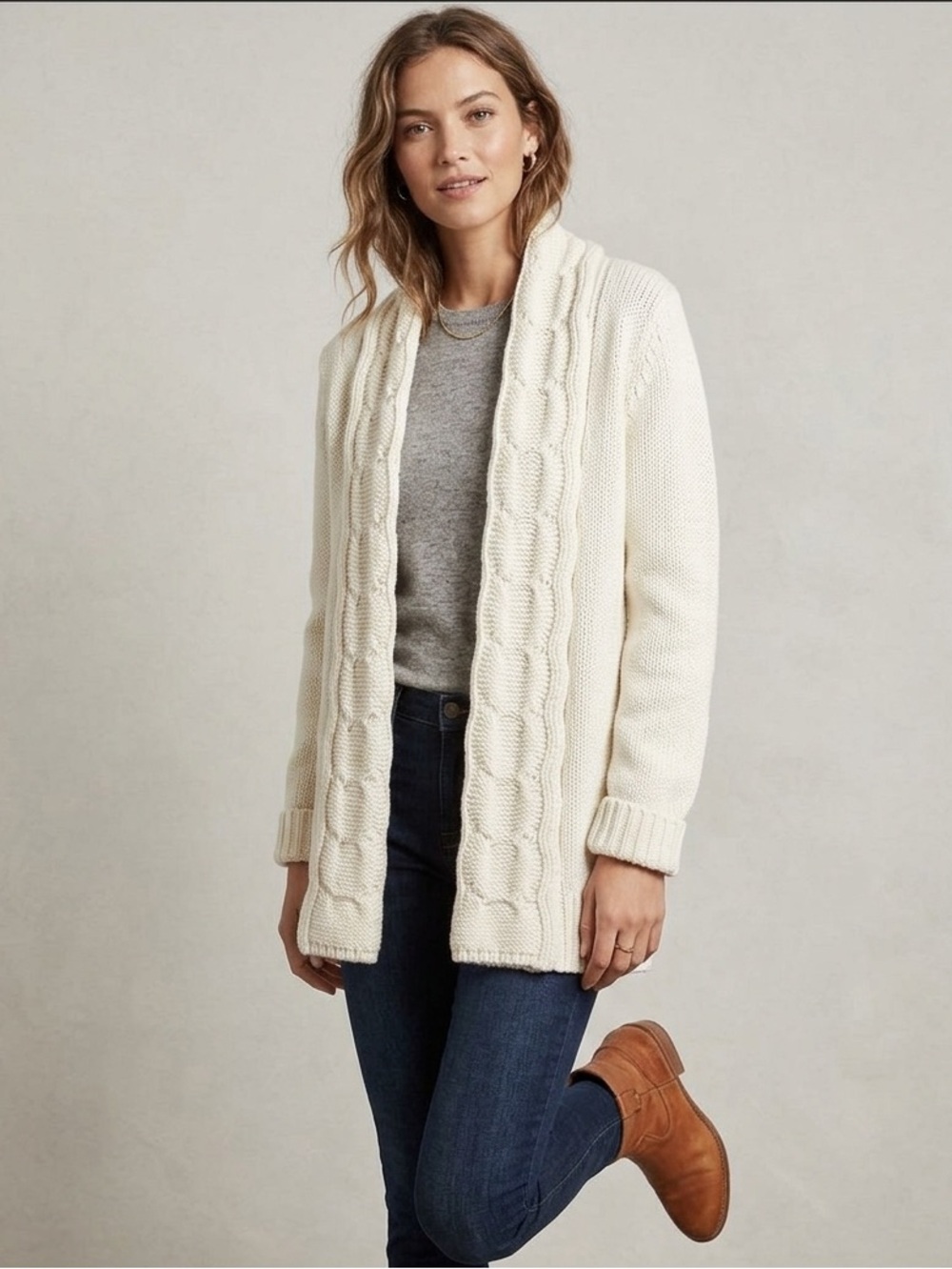 Banana Republic Open Front Marino Wool Blend Cozy Chunky Cable Knit Cardigan Lp